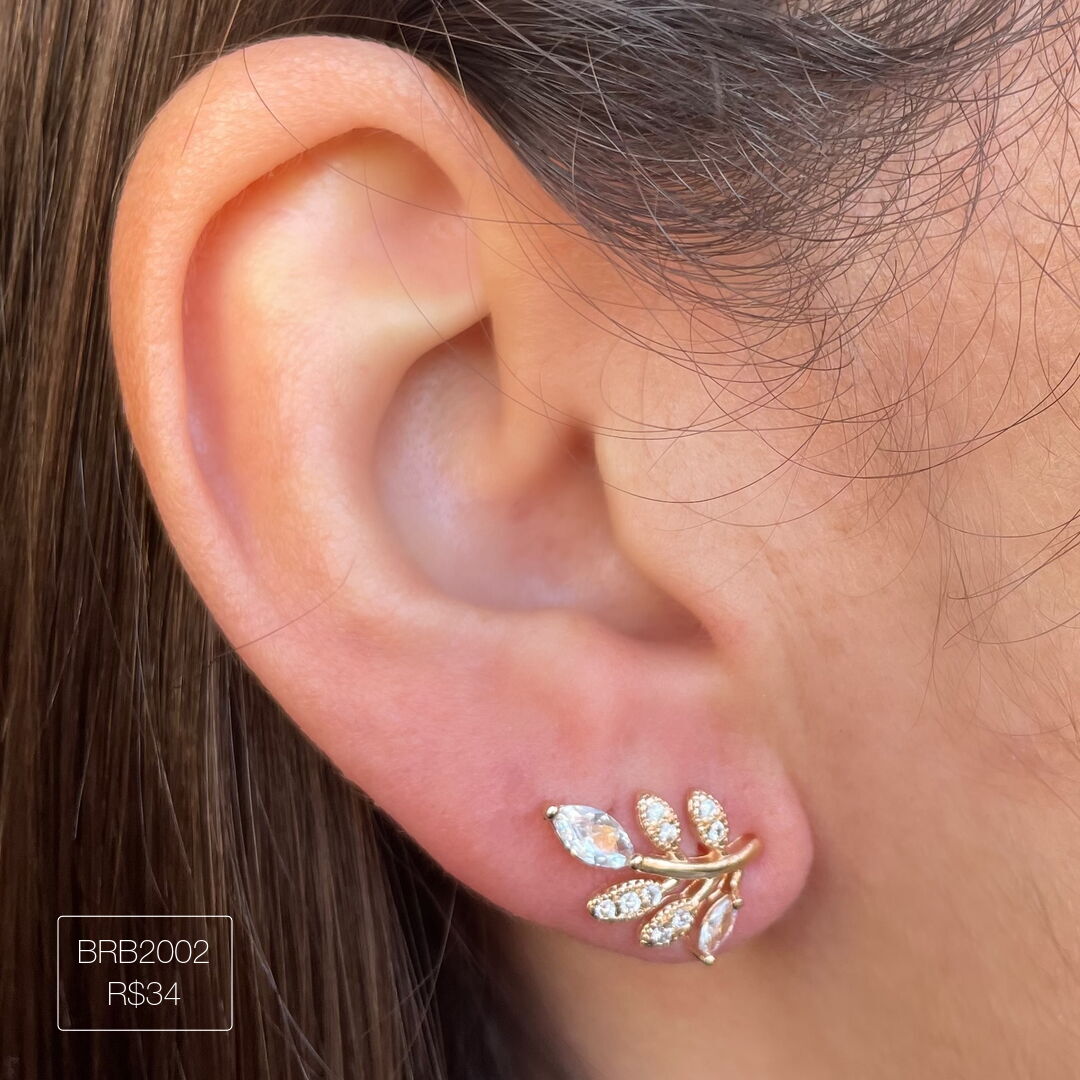 Brinco Folha Delicada c/ 2 Navetes Cristal Dourado